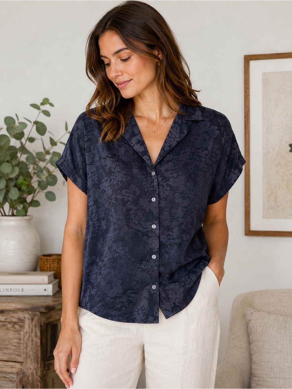 Amour Vert 100% Viscose Floral Jacquard Button‎ Front Blouse Made in USA XS